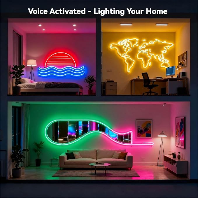 AI Smart Neon Lights RGB+IC,Voice Activated Multicolors Kids Room Light No App/No WiFi Required, Music Sync Dimmable Color Changing Light 16.4ft 25 Commands USB Powered for Bedroom Party