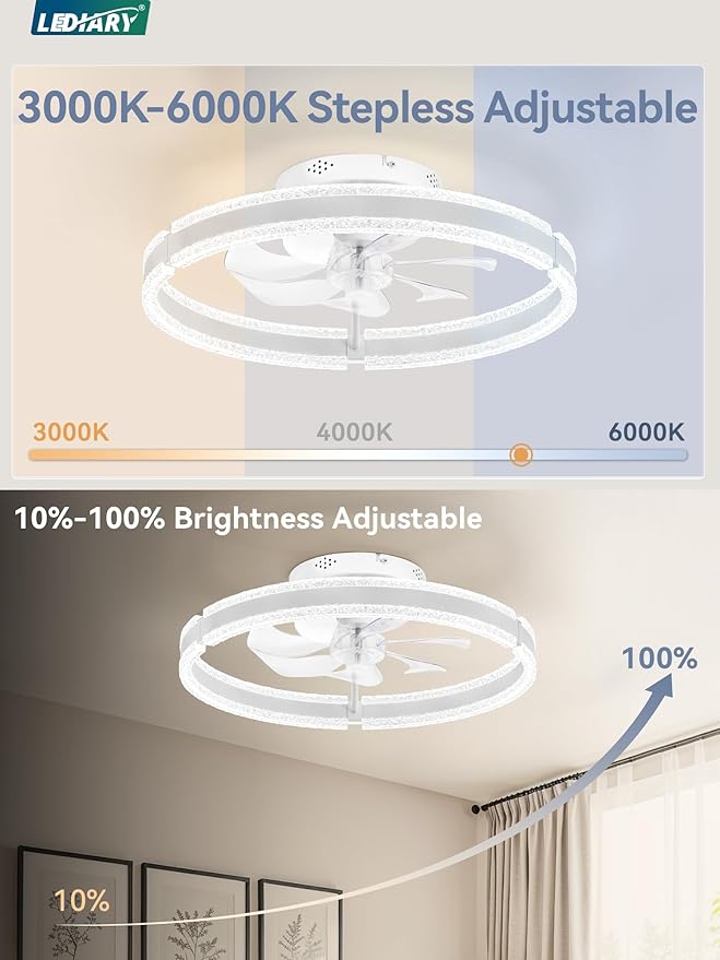 LEDIARY Ceiling Fans with Lights and Remote, 20'' Low Profile Ceiling Fan with Light, 3000-6000K Dimmable Fandelier Ceiling Fans, Modern Flush Mount Fan Light for Bedroom with 6 Wind Speeds- White