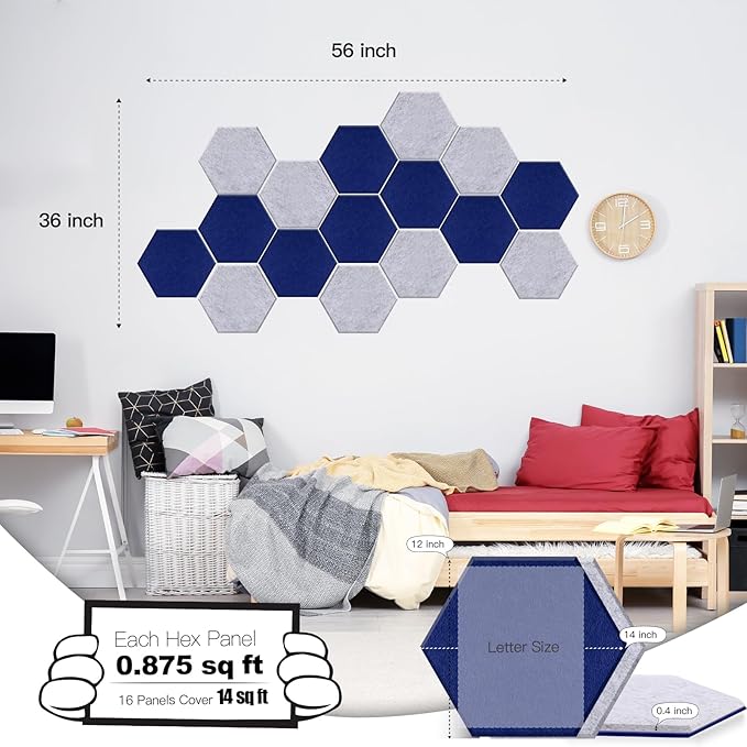 Mollywell Hexagon Acoustic Panels 14x12 - Reduce Echo & Reverb, Noise Blocking Wall Tiles for Home Office & Meeting Room, Navy Blue & Silver Grey Sound Absorbing Panels
