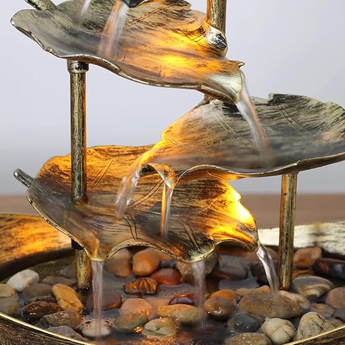 Meditation Decor, Desktop Lotus Leaf Yuanbao Flowing Water Fountain Decoration Living Room Screen Porch Home Decoration, LED Atmosphere Night Light,Office Home Decoralth (E)