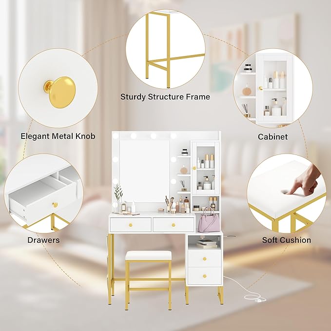 NUNU LAB Morden Makeup Vanity Desk with Mirror, Bedroom Dressing Table Set with Storage Shelf and 5 Drawers, Large Vanity Table with 10 LED Lights for Women, Girls, Teens