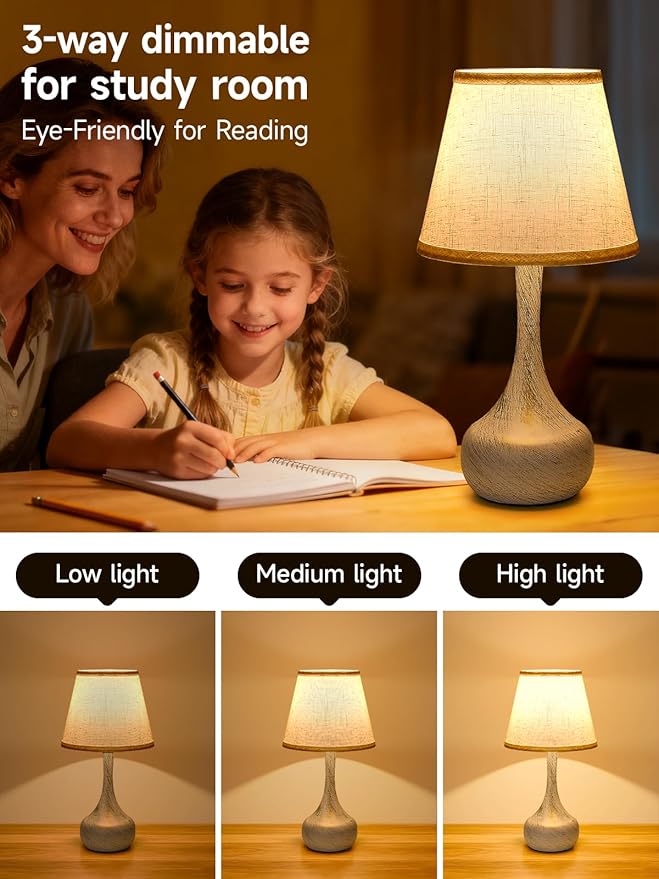 Touch Table Lamp for Bedroom Set of 2, Farmhouse 3-Way Dimmable Bedside Lamps for Nightstand with Fabric Shade