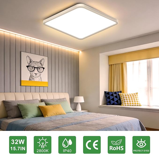 15.7Inch 32W Square LED Ceiling Light Fixtures Flush Mount, 2800K Warm White LED Ceiling Lamp, Surface Mount Modern Ceiling Lights, White Slim Flat Panel Lighting for Bedroom, Kitchen, Bathroom