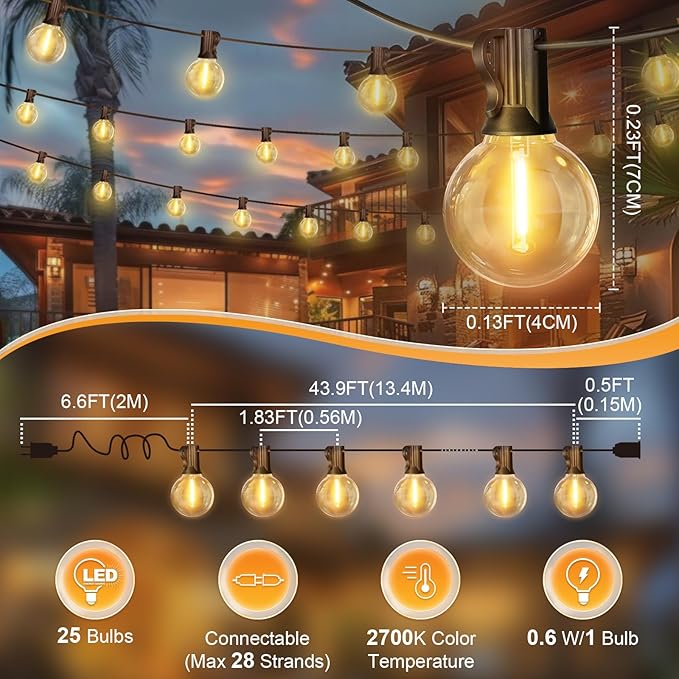 LAMPHOME LED Outdoor String Light, 51 Feet Patio Lights with 25+2 Edison Shatterproof Bulbs(2 Spare), UL Waterproof Outside Lights connectable Dimmable for Backyard Porch Decor