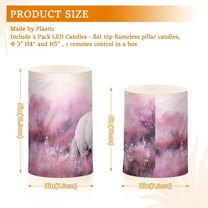 White Horses in Pink Field Flameless Candles Color Changing LED Candles with Remote Control Battery Candles for Outdoor and Indoor Home and Room Decoration, 3'' x 4''/5'' Set of 2 Pieces