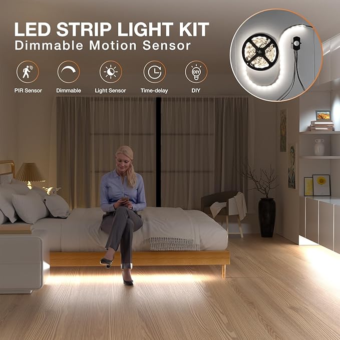 Sensky Dimmable Motion Sensor LED Strip Light Under Cabinet Lighting Kit, LED Strip Light with Motion Sensor, FCC Listed Power Adapter for Gun Safe Light,Shelf, TV Wall Lighting (8.2FT,6000K-6500K)