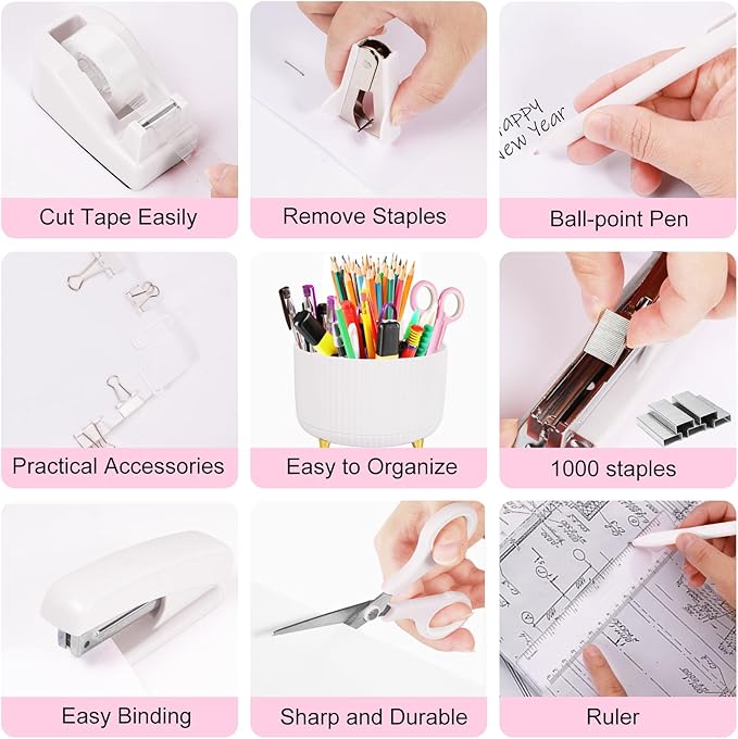 White Desk Organizers and Accessories Set with 360-Degree Rotating Pen Holder, Tape Dispenser, Stapler, Staple Remover, 1000 Staples, Tape, Clips Set, Ruler, Scissor, Pen