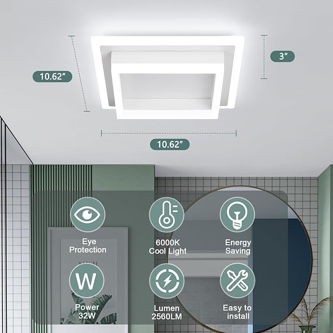 32W Flush Mount Modern LED Ceiling Lights, Small Hallway Ceiling Light, Cool White 6000K Acrylic LED Kitchen Ceiling Light Fixtures for Bedroom Dining Room Bathroom (2 Pack)