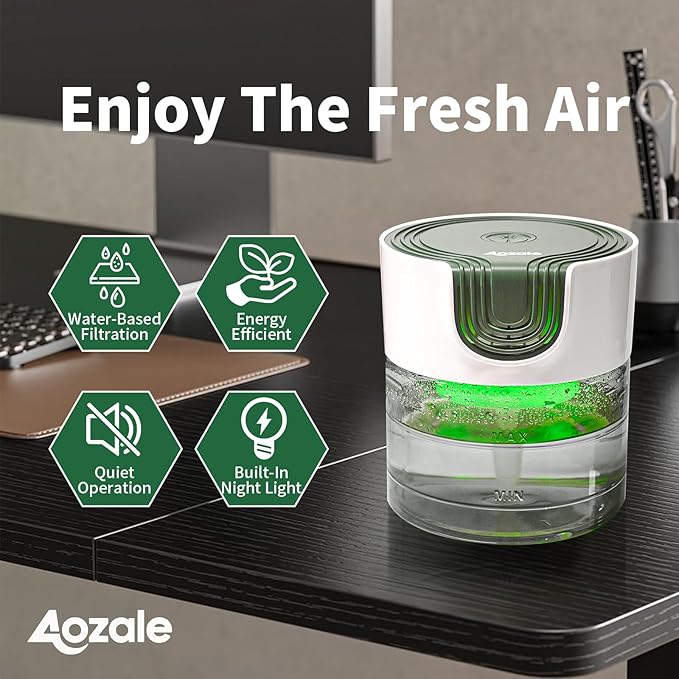Aozale Water Air Purifier for Home, Water-Based Air Cleaner & Humidifier, Aroma Diffuser, Removes Pet Odors & Smoke, White Noise, 7-Color LED Light