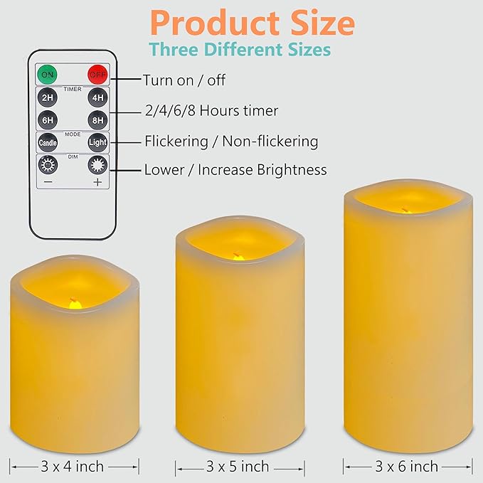 flameless Pillar Candles with Remote,Candles Battery Operated, Led Candles Flickering Real Wax Pack of 3, Christmas Home Wedding Birthday Decor(Classic Ivory)