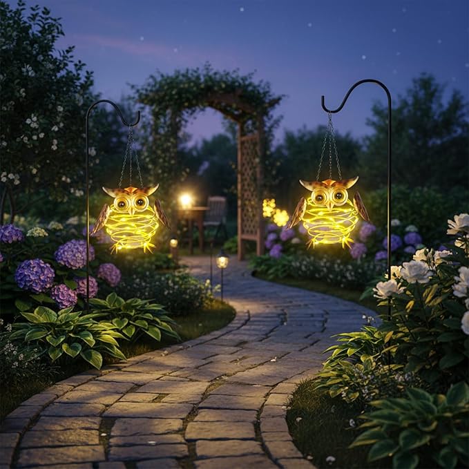 2 Pack Owl Solar Lights Outdoor Hanging Lantern with Handle, Solar Powered Owl Garden Decor for Outside Patio Yard Porch Pathway Owl Gifts for Women (Warm White LED Lights)