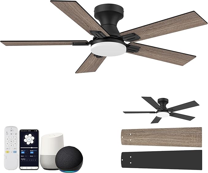 42 Inch Ceiling Fans with Lights,Smart Low Profile Ceiling Fan with Light and Remote Control,Alexa,APP,Black Flush Mount Ceiling Fans for Bedroom,Patio,PorchOutdoor Indoor Use,5 Blades,Dimmable,Quiet
