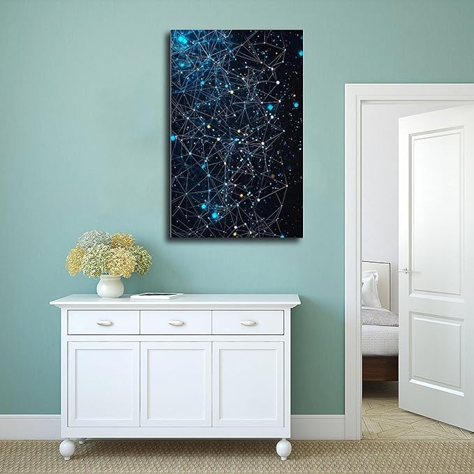 Modern Futuristic Abstract Tech Network Wall Art, Intricate Geometric Lines And Grids, Cool Blue And Neon Cyan Home Decor Canvas Poster Wall Art Bedroom Decor Office Room Kitchen Decor Gift 08x12inch