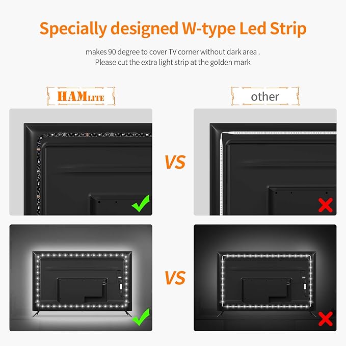 HAMLITE USB TV Bias Lighting 6500K True White for 50-55inch TV, 11.5ft LED Lighting fixtures for Indoor and Outdoor Lighting Applications Covers 4 Sides of 50-55 Inch TV, TV Light with RF Remote