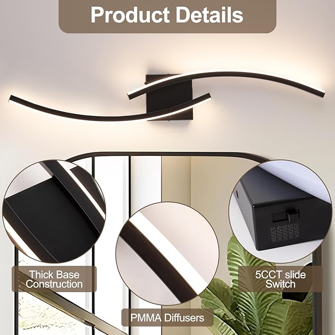 Hardwired 3000~6000K Modern Wall Sconce, 31.5IN Black LED Wall Light Fixtures Wall Lights for Bedroom, Living Room, Hallway and Bedside Wall Lamp