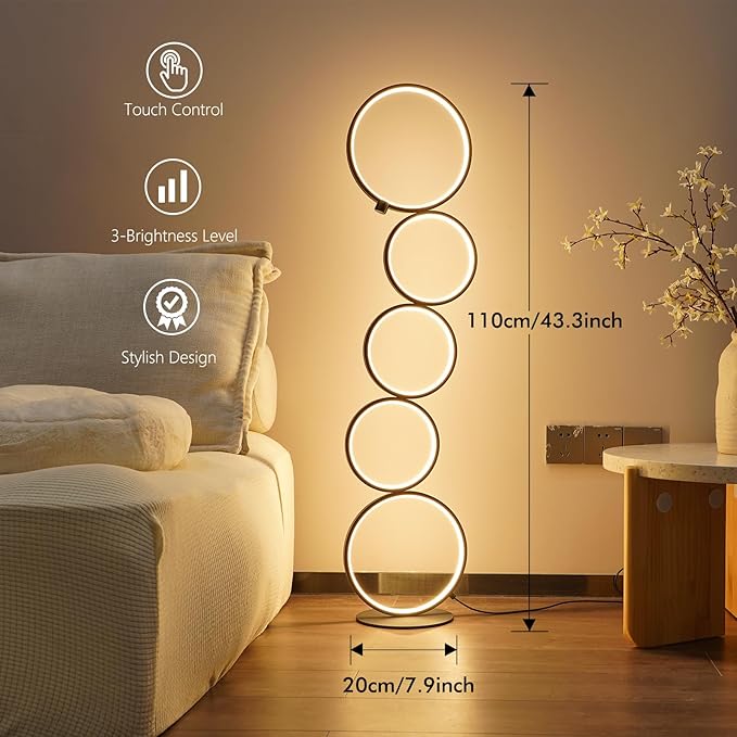 NUÜR Modern 5-Ring LED Floor Lamp, 43.3" Artistic Nesting Circle Standing Lamp, Stepless Dimmable Sculptural Accent Light for Living Room, Bedroom & Office, Minimalist Geometric Decor
