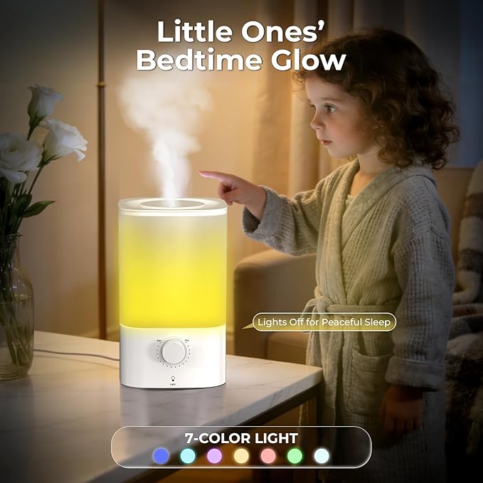 Top-Fill Cool Mist Bedroom Humidifier for Plants & Baby Nursery, 3.2L Large Capacity for up to 40H Runtime, Ultra Quiet <28dB, 3 IN 1, 5μm Fine Mist, BPA-Free for Living Room, Desk, Office