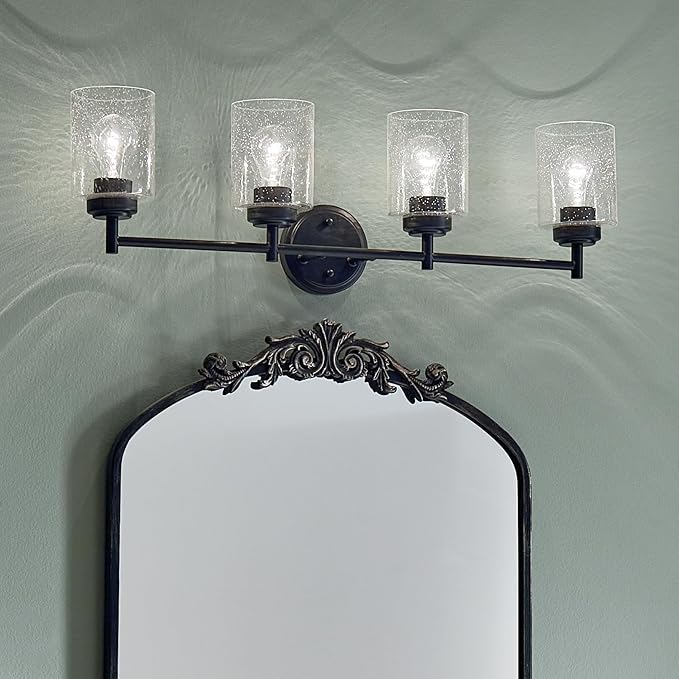 Kichler Winslow 30" 4-Light Vanity Light in a Rich Black with Clear Seeded Glass for Bathroom and Powder Room Vanity, Luxe Industrial Style, (30" x 9.25"), 45887BK