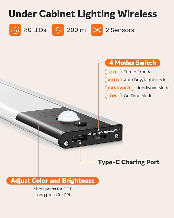 ALUSSO LIGHTING 80 LED Wireless Under Cabinet Lighting with Motion & Hand Wave Sensor, 3CCT Dimmable Magnetic Closet Lights, Rechargeable Battery Operated Under Counter Lights for Kitchen, 4 Pack