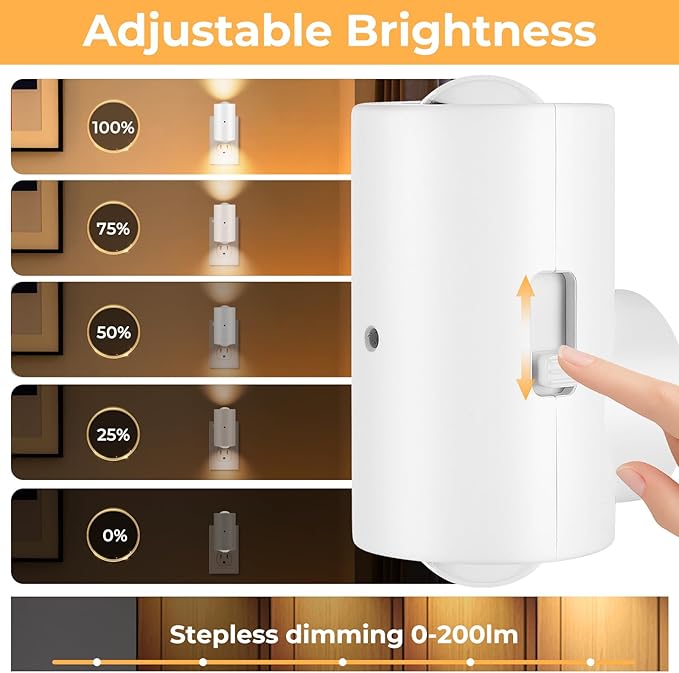 4 Pack Mini LED Night Light, Dimmable Plug-in Wall Light with Dusk to Dawn Auto On/Off, 180° Rotating Head, 3000K Soft White, 0-200 LM for Nursery, Hallway, Bathroom