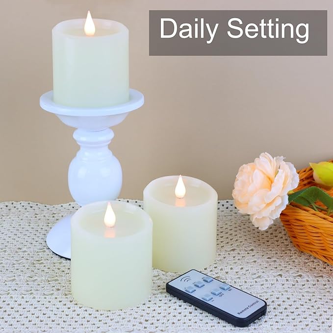 Flameless Candles with Timer, Flickering LED Candles Battery Operated with Remote, 3D Moving Flame, Real Wax 3" x 3" Electric Fake Candle for Home Party Decorations, 3 Pack