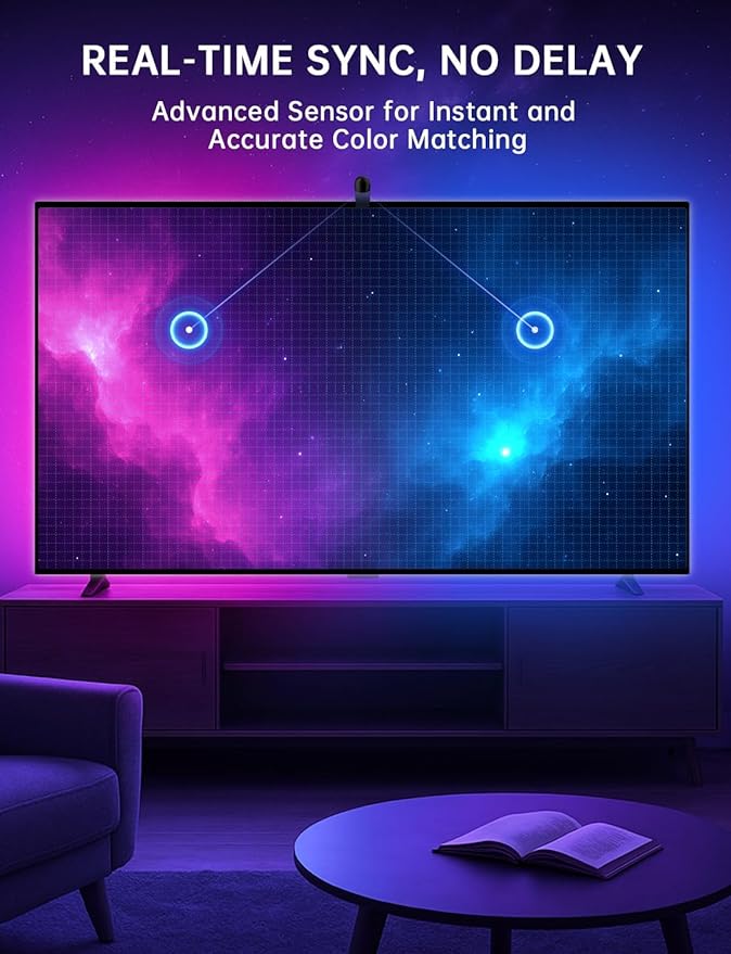 TV LED Backlight with Sensor, LED Sync Lights for TV 55-65 Inch, Smart Camera Sync to Screen, Ambient RGB Strip Lights for Gaming & Home Theater, App Control (14.7ft)