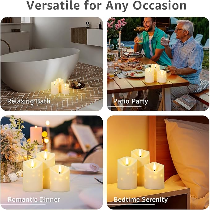 uuffoo Flameless Candles with Timer 3Pc Battery Operated Flickering Pillar Candle w/Remote, 3D Wick Acrylic LED Pillar Candles for Halloween Christmas Home Decoration (Ivory)