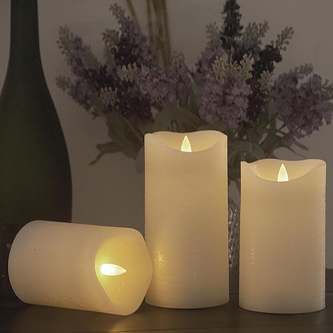 Flameless Candles Flickering Set of 3 (D 3’’ x H 4’’ 5’’ 6’’) Real Wax Battery Operated LED Candle with Timer Home Decorative Pillar Lights,Wedding Party Events Decor,White