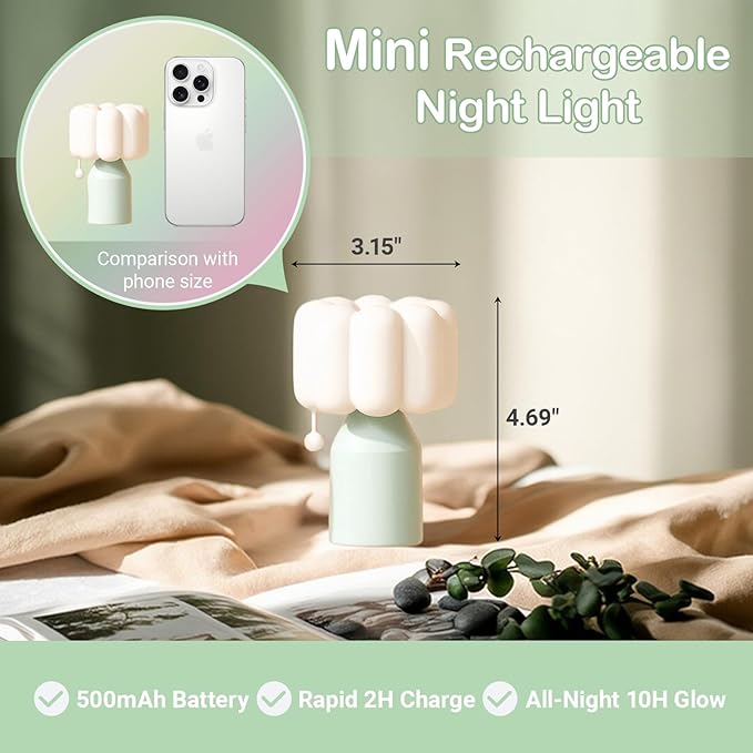Mini Night Light for Bedroom, Flower Silicone Night Light with 30min Timer, Touch Control Dimmable Lamp with 3 Brightness Levels, LED Rechargeable Nightlight, Cute Bedside Lamp for Kids Gifts (Green)