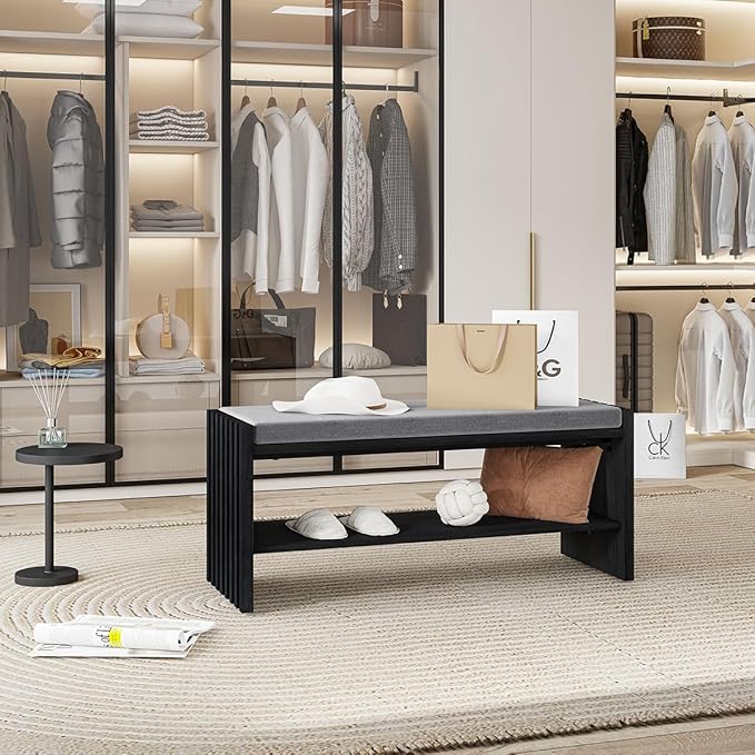 BON AUGURE 40" Entryway Shoe Bench with Storage & Cushion, Modern Fluted Shoe Rack for Mudroom, Sturdy Wooden Hallway Bench with 360 lbs Capacity, Black Oak