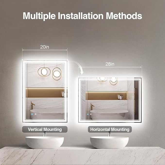 20"x28" LED Bathroom Mirror with Anti-Fog, Dimmable Backlit + Front Lit, 3 Colors LED Bathroom Vanity Mirror for Wall, Memory Function, Shatter-Proof Glass, ETL Listed(NHYJ5722D-NA)