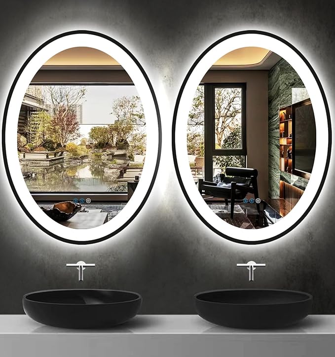 THEKLA 28 x 40 inch Black Frame Oval LED Mirror for Bathroom Salon Wall Mount 40 inch Large Black Framed Oval Lighted Vanity Mirror with Lights Smart Set Memory 3 Color Dimmable Front Light Anti-Fog