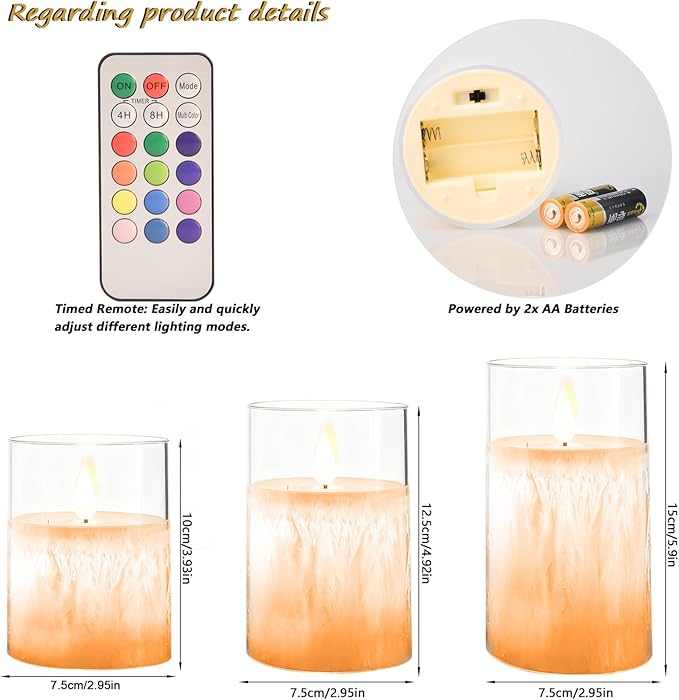 Ice Crystal Real Wax 12-Color Flameless Candles 3-Pack with Remote Timer, Battery Operated Multicolor LED Candles with Warm Flickering Flame for Christmas Wedding Home Decor (4/5/6 Inch)
