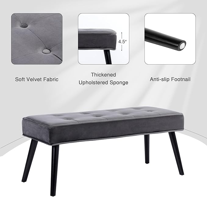 LOULENS Button Tufted Ottoman Bench, Fashionable Upholstered End of Bed Bench, Comfortable Velvet Entryway Bench for Living Room, Dark Gery