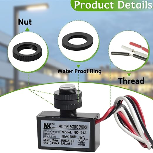 2-Pack 105V-130V AC Photocell Light Sensors，Automatic Dusk-to-Dawn Illumination Switches - Weatherproof，Fit for Outdoor Lighting， Photoelectric Controls with Sunrise & Sunset Detection