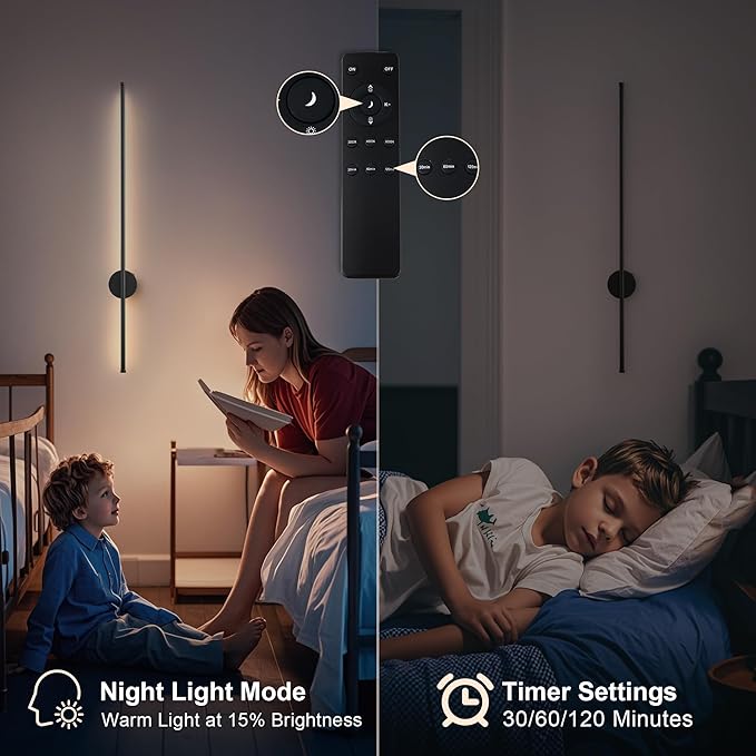 Motion Sensor Battery Operated Wall Sconce Set of Two - Modern Rechargeable Wireless Wall Lights with Remote Control, Dimmable, 3000K/4000K/6000K, Timer for Living Room, Hallway, Black, 39.3 Inch