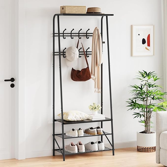 Entryway Hall Tree with Shoe Rack, Hall Tree Coat Rack with Hooks, 25” Freestanding Metal Coat Rack with Shoe Storage, Compact Entryway Organizer for Hallway and Bathroom