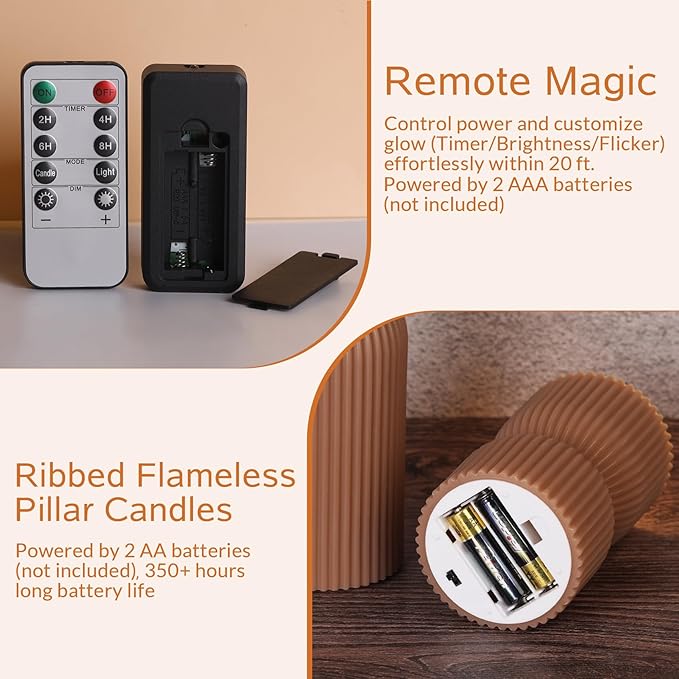 Warm Brown Ribbed Flameless Pillar Candles with Remote, Real Wax Flickering Battery LED Candles Christmas Decor Gift Set of 2