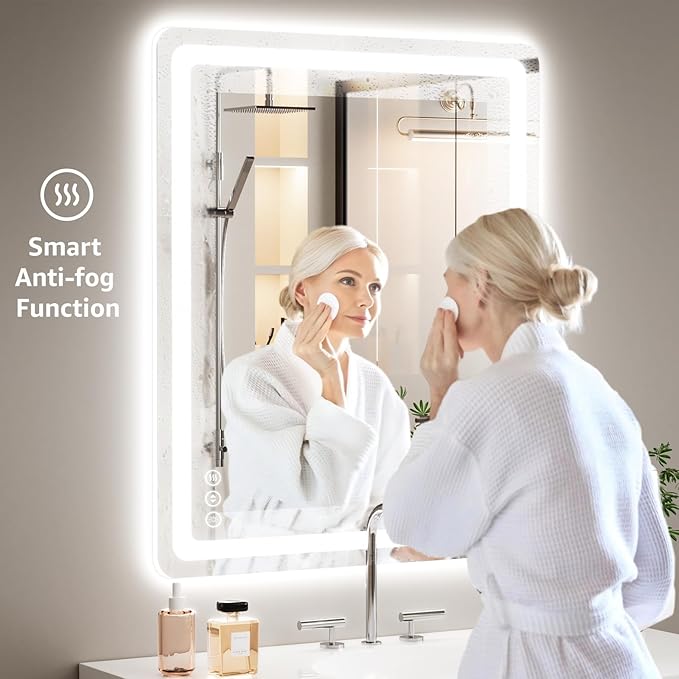 55" x 36" Led Bathroom Mirror with Lights, Anti-Fog & Tri-Color Lighting - Wall Mounted Shaving Mirror with Touch Sensor, Waterproof & Smart LED Vanity Mirror,Tempered Glass, Dimmable Smart Mirror