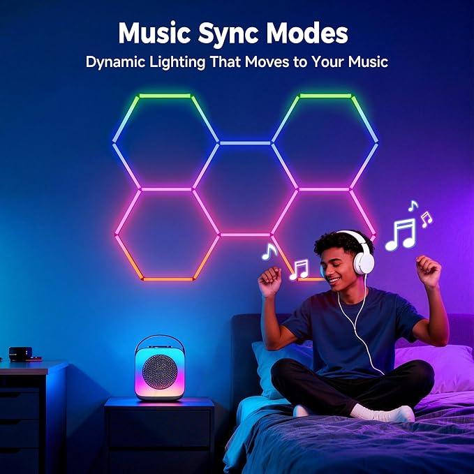 RGB Hexagon Lights with Remote, Music Sync Mode & 358+ Colors, LED Hexagon Lights for Gaming Room, Gym Lighting, Garage, Room Decor, Basement, Shop Light, Bar Lighting