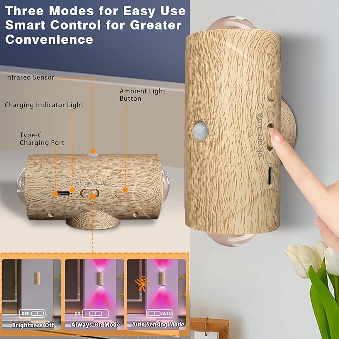 LED Wall Mounted Lights 2 Pcs,Battery Operated Wall Sconce with Motion Sensor, Up/Down Lighting Design 1500mAh Rechargeable Cordless Wall Lights for Indoor Bedroom Hallway (Light Wood Color)