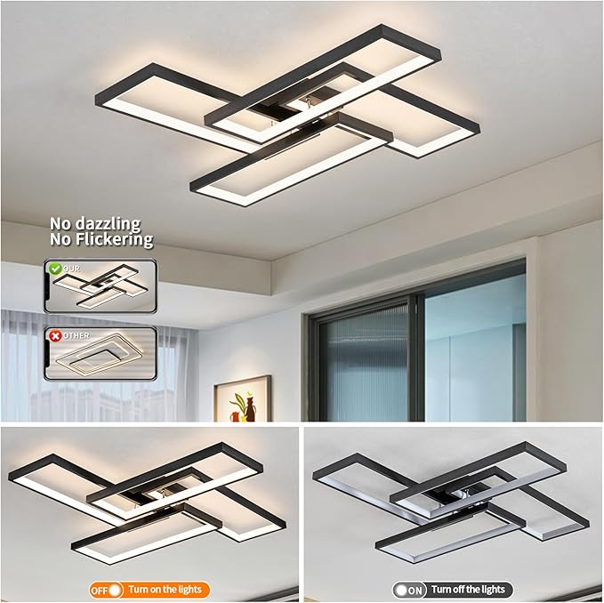 Modern LED Ceiling Lights for Bedroom 26" Dimmable Square Ceiling Lights for Living Room with Remote Control Black Bedroom Light Fixture for Kitchen,Bathroom,Balcony