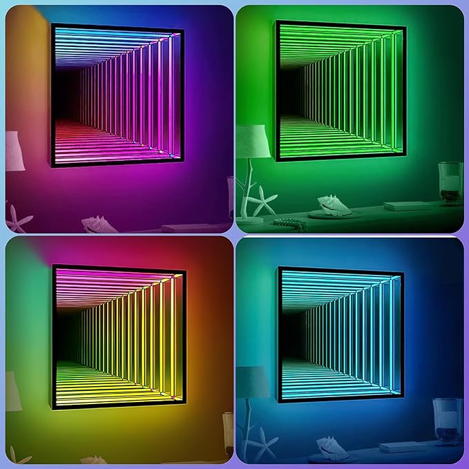 3D Infinity Mirror Light, 12" Square LED Tunnel Wall Light with 358 LEDs, App & Remote RGB Color Changing Mirror for Gaming Room Decor, Party, Bar, Geometric Art Deco Wall Mounted