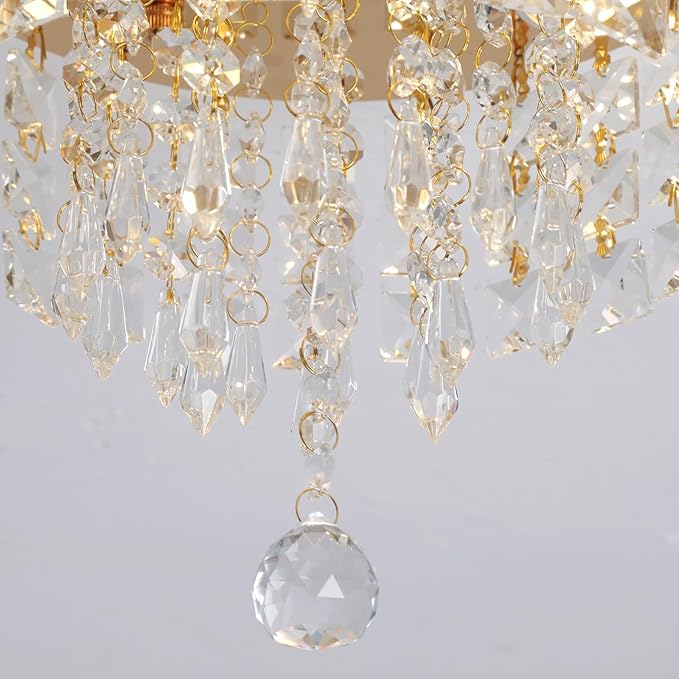 Deckrico Gold Crystal Chandelier Flush Mount Ceiling Light – Modern LED Lighting Fixture for Bedroom, Closet, Bathroom, Hallway – Warm Light