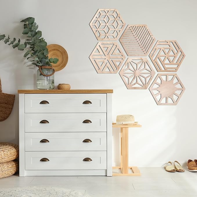 Ripeng 6 Pcs 11.8 Inch Boho Hexagon Wall Decor Farmhouse Wood Earthy Hexagon Wall Panels Modern Hollow Carved Design Rustic Abstract Decor for Living Room Kitchen Bedroom(6 Style)