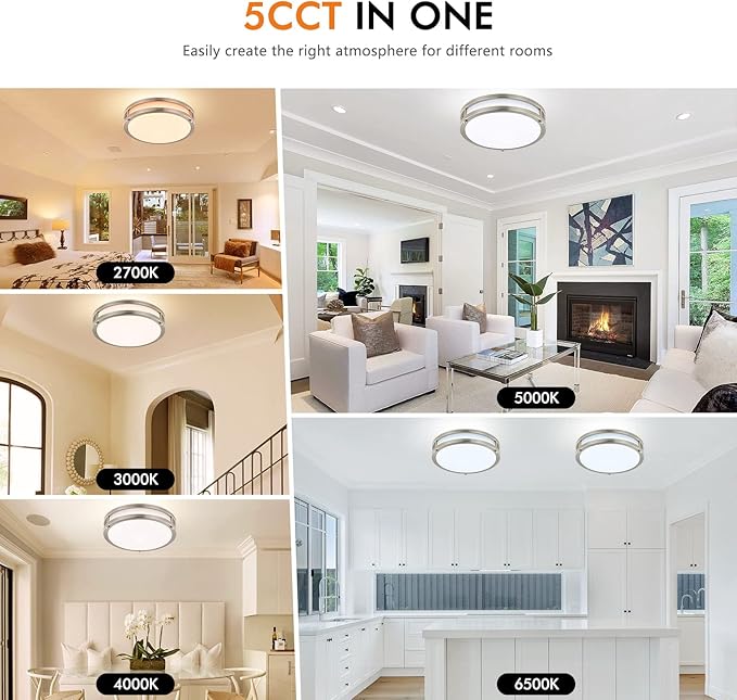 4-Pack 10Inch LED Flush Mount Ceiling Light Fixtures for Kitchen 30W, 5CCT 2700K 3000K 4000K 5000K 6500K, 3200LM Dimmable Ceiling Lights, Bright Ceiling Lamps for Bathroom Stairwell Bedroom, Nickel