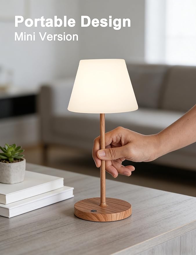 Mini LED Cordless Table Lamp Rechargeable, 3000mAh Battery Operated Shower Lamp Waterproof, Touch Dimmable 2700K Night Light for Patio Camping Dining Outdoor (Mini Wood)