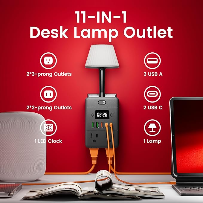 Lamp & Power Strip with Digital Clock, 4 Outlets 5 USB Ports (2 USB C), Dimmable Nightstand Light with 3 Color Temperatures, Multi-Functional Wall Outlet Extender for Bedroom, Dorm, Office, Black