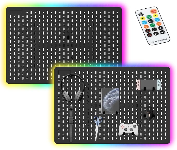 Gaming Pegboard Organizer for RGB Light,Peg Board Wall for Gaming Room Decor, 22 x 14.8 inches,Ideal LED Light Peg Board, Office Wall Organization (Black 2PCS)