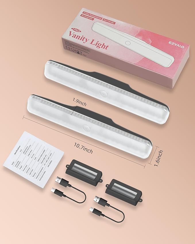 EZVALO Wireless Makeup Light 2 Pack, Vanity Lights for Mirror,Bathroom Mirror Light, Rechargeable, 3 Color Temperatures, Stepless Dimming, Touch Control, Adjustable Angle, Black, Women's Gifts